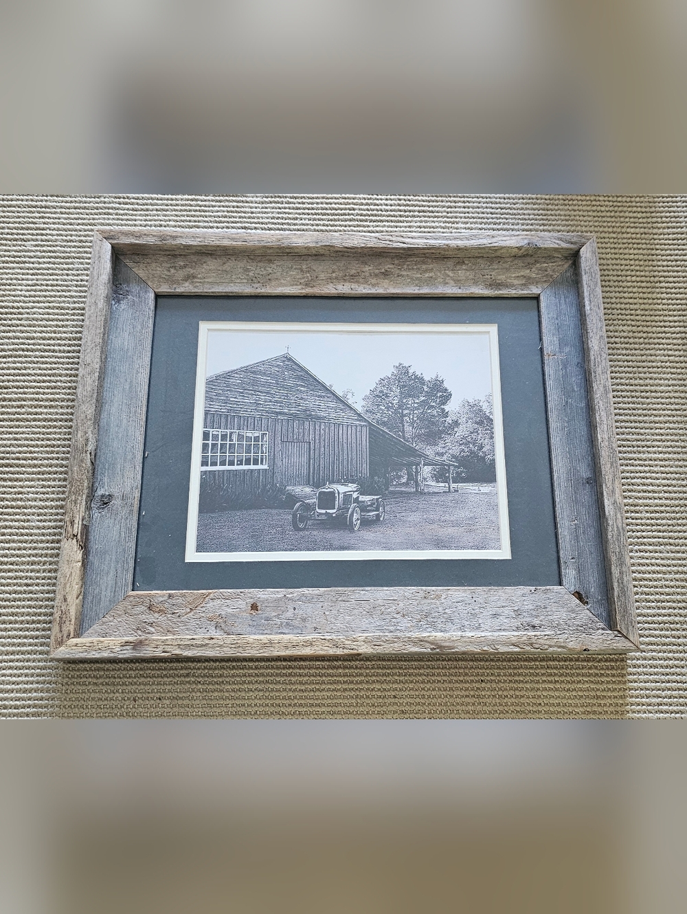 Rustic Reclaimed Barn Wood Framed B&W Vintage Car Print - Farmhouse Decor 14x16